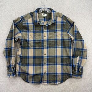 REI Co-op Flannel Shirt Men Large Blue Green Plaid Wool Blend Long Sleeve Hiking